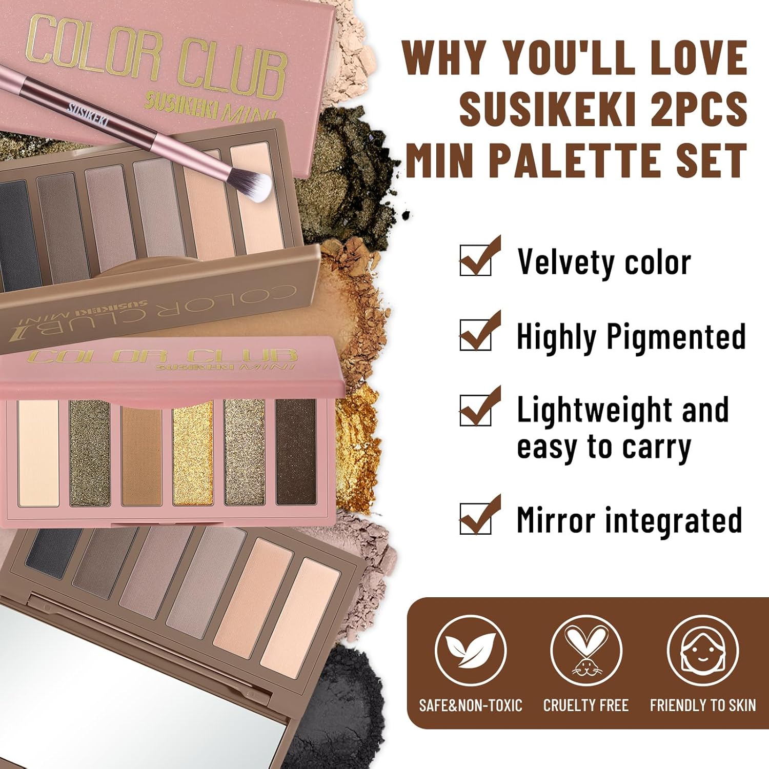 2PCS 6 Colors Mini Eyeshadow Palette Makeup with Brush Set Neutral Nude Eye Shadow Brown & Olive-colored Matte Shimmer Make Up Pallet with Mirror Highly Pigmented Travel Size Gift Kit-FemmiqueWomen