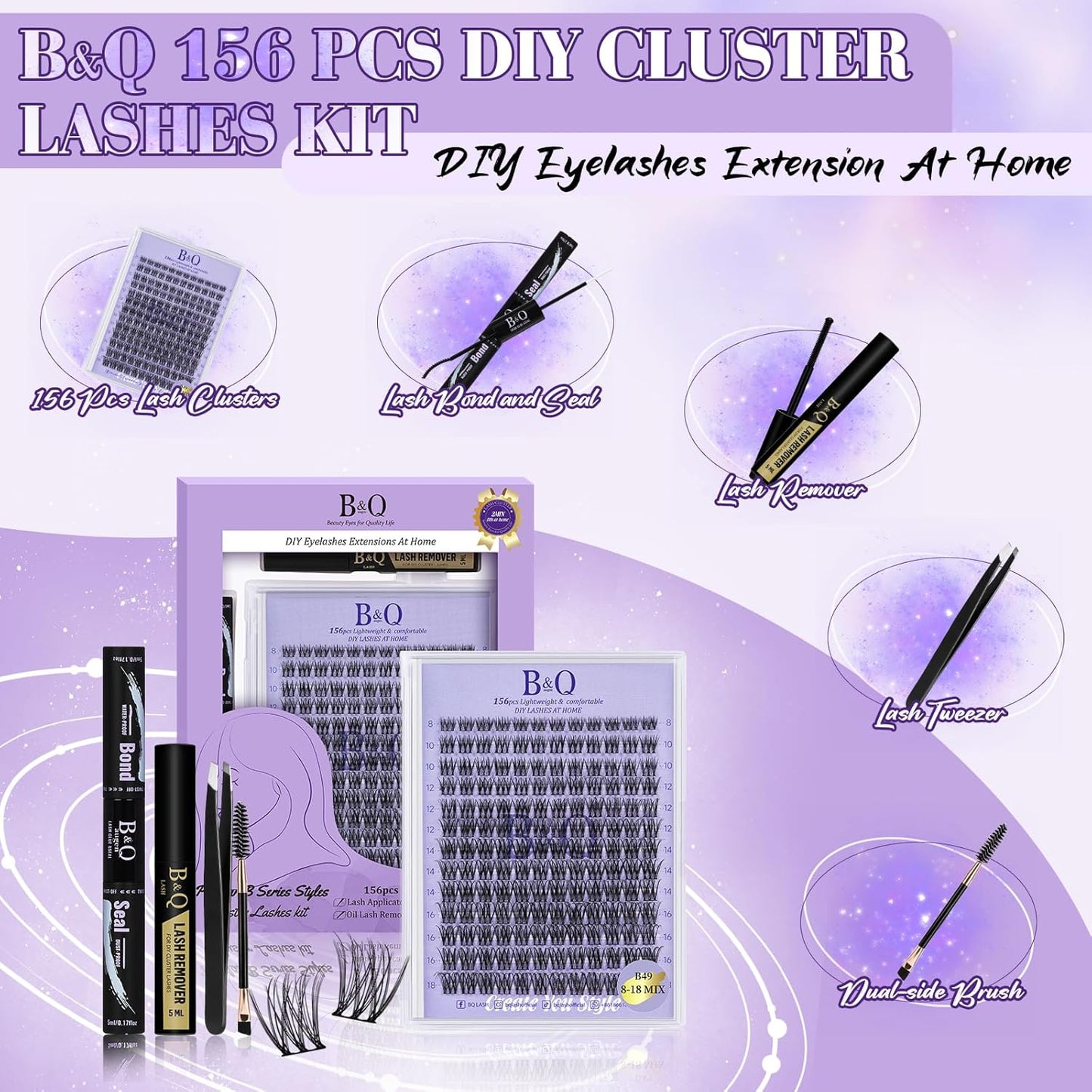 Lash Extension Kit B49 Eyelash Extension Kit B&Qaugen DIY Lash Extension Kit 156 PCS Lash Clusters 8-18mm Cluster Eyelash Extensions Kit with Lash Bond and Seal Lash Applicator Tool (Kit,B49)-FemmiqueWomen