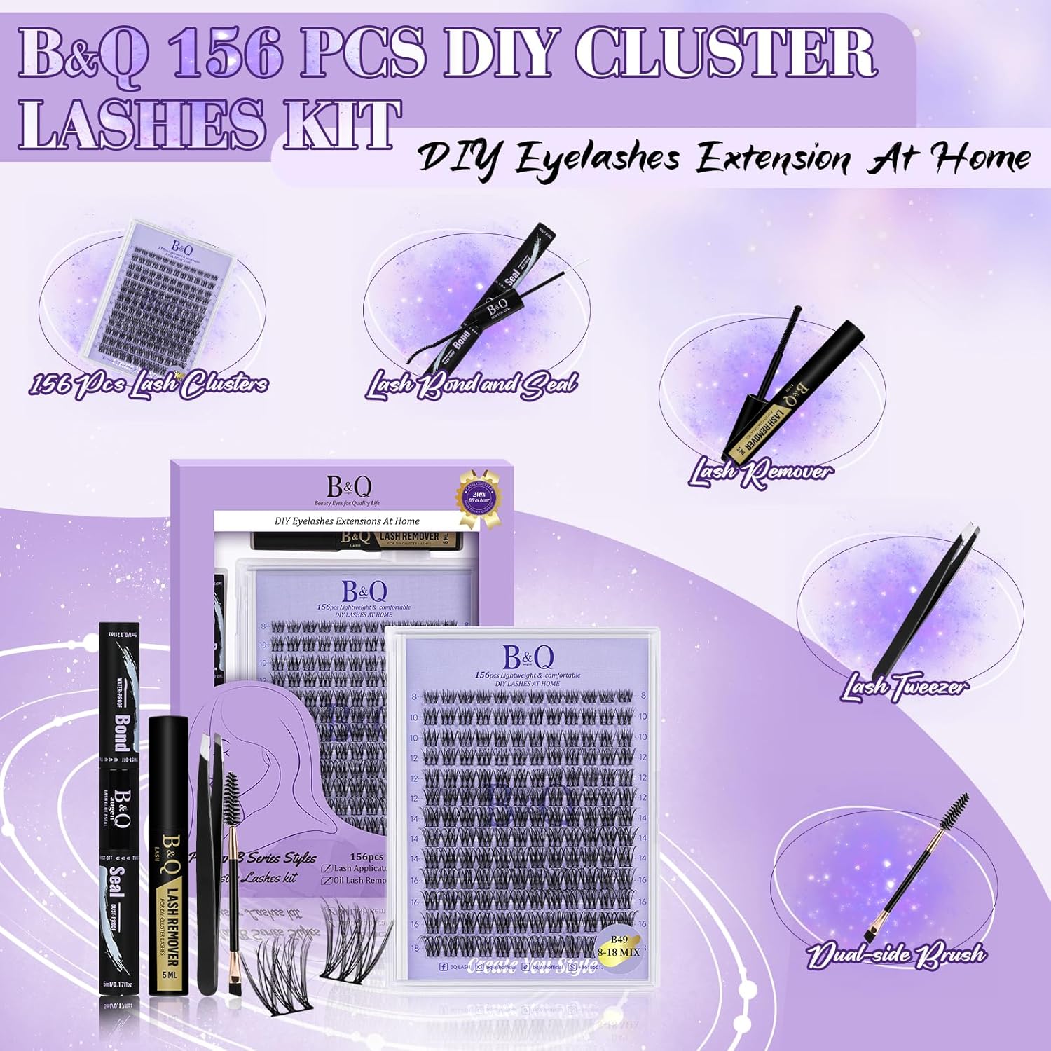Lash Extension Kit B49 Eyelash Extension Kit B&Qaugen DIY Lash Extension Kit 156 PCS Lash Clusters 8-18mm Cluster Eyelash Extensions Kit with Lash Bond and Seal Lash Applicator Tool (Kit,B49)-FemmiqueWomen