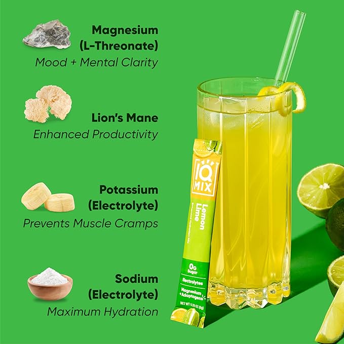 IQMIX Hydration Electrolyte Powder – 4-in-1 Formula for Hydration, Mental Clarity, Mood and Recovery – Sugar-Free Drink Mix, Keto, Magnesium L-Threonate, Lion’s Mane – 40 Count Lemon Lime-FemmiqueWomen