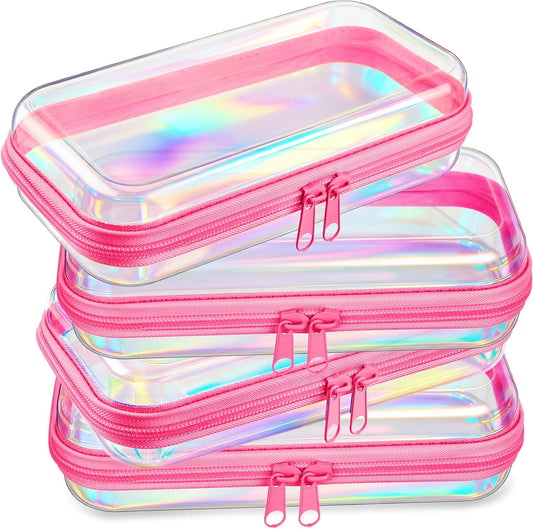 Hoolerry 4 Pcs Hard Clear Zipper Case Makeup Bags Plastic Pencil Pouch Transparent Storage Box Containers for Cosmetics, Snacks, Building Blocks, Puzzles(Pink Laser,7.5 x 3.9 x 2 in)-FemmiqueWomen