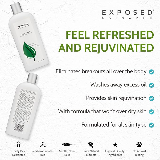 Exposed Skin Care Body Wash - Back and Body Acne Wash with Salicylic Acid and Tea Tree Oil – Exfoliating Bacne Treatment for Clearer, Healthier Skin – Body Cleanser for All Skin Types (12 fl oz)-FemmiqueWomen