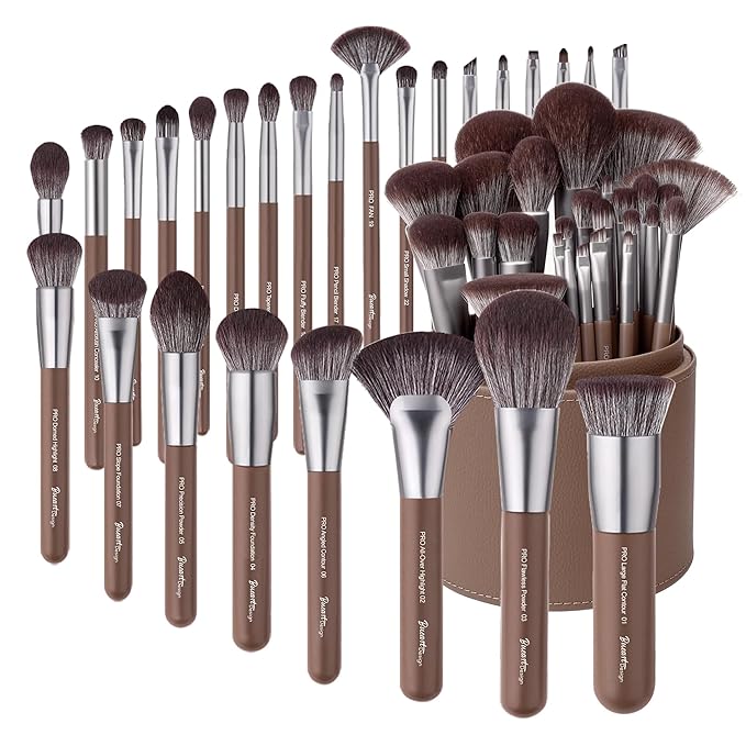 Bueart Design 26 Pcs Chocolate-colored Gift Makeup Brushes Set with Extra Large Holder,Elegant Make up Brushes for Foundation,Face Blending Powder, Contour, Highlight, Concealer, Eyeshadow-FemmiqueWomen