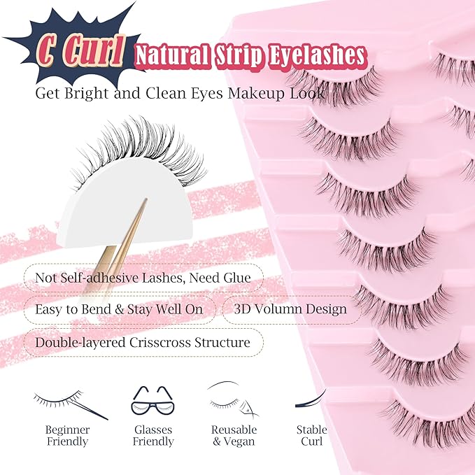 Eyelashes Natural False Lashes 14mm Eye Lashes with Thin Band 3D Volume Fake Eyelashes C Curl Wispy Lashes Natural Look 7 Pair-FemmiqueWomen