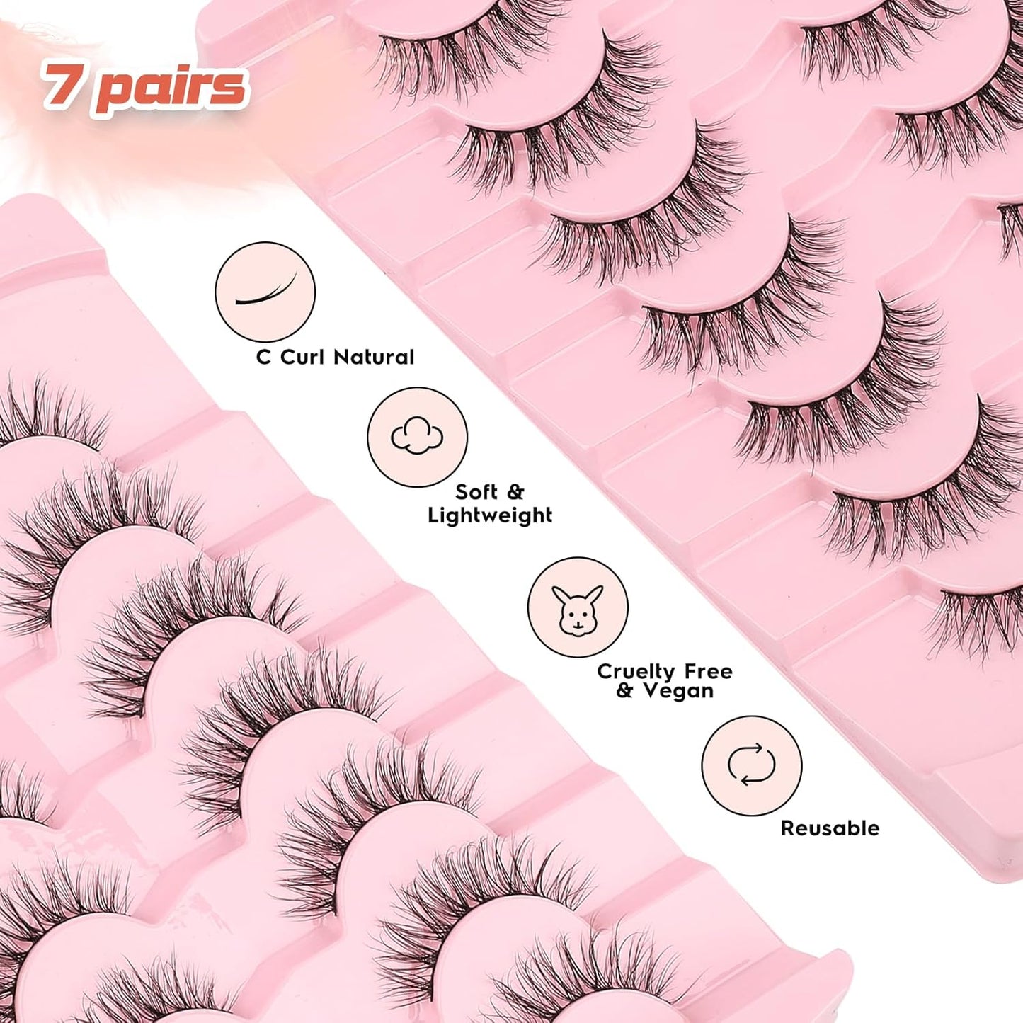 Lashes Natural Wispy Eyelashes 15mm Strip Lashes Pack False Eyelashes 0.1MM Thin Band C Curl Eye Lashes 3D Volume False Eyelashes Siligli Lashes 7 Pair-FemmiqueWomen