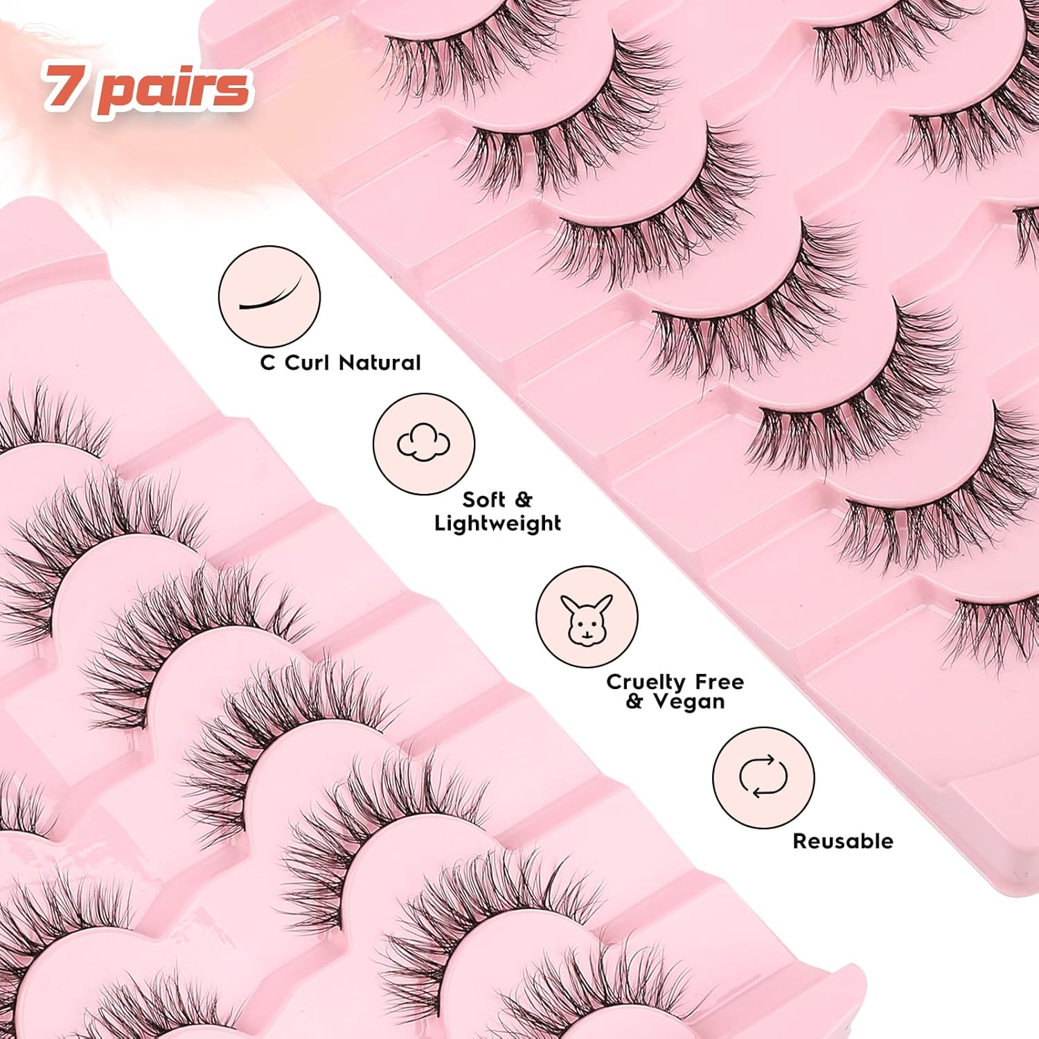 Lashes Natural Wispy Eyelashes 15mm Strip Lashes Pack False Eyelashes 0.1MM Thin Band C Curl Eye Lashes 3D Volume False Eyelashes Siligli Lashes 7 Pair-FemmiqueWomen