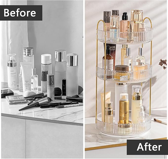 Rotating Makeup Organizer for Vanity, High-Capacity Skincare Clear Make Up Storage Perfume Organizers Cosmetic Dresser Organizer Countertop 360 Spinning (Clear, 3 Tier)-FemmiqueWomen