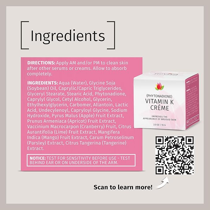 Reviva Labs Vitamin K Crème for Bruising, Under-Eye Dark Circles, and Wrinkles with Soybean Oil and Natural Fruit Extracts - 2 Oz, for Skin and Face-FemmiqueWomen