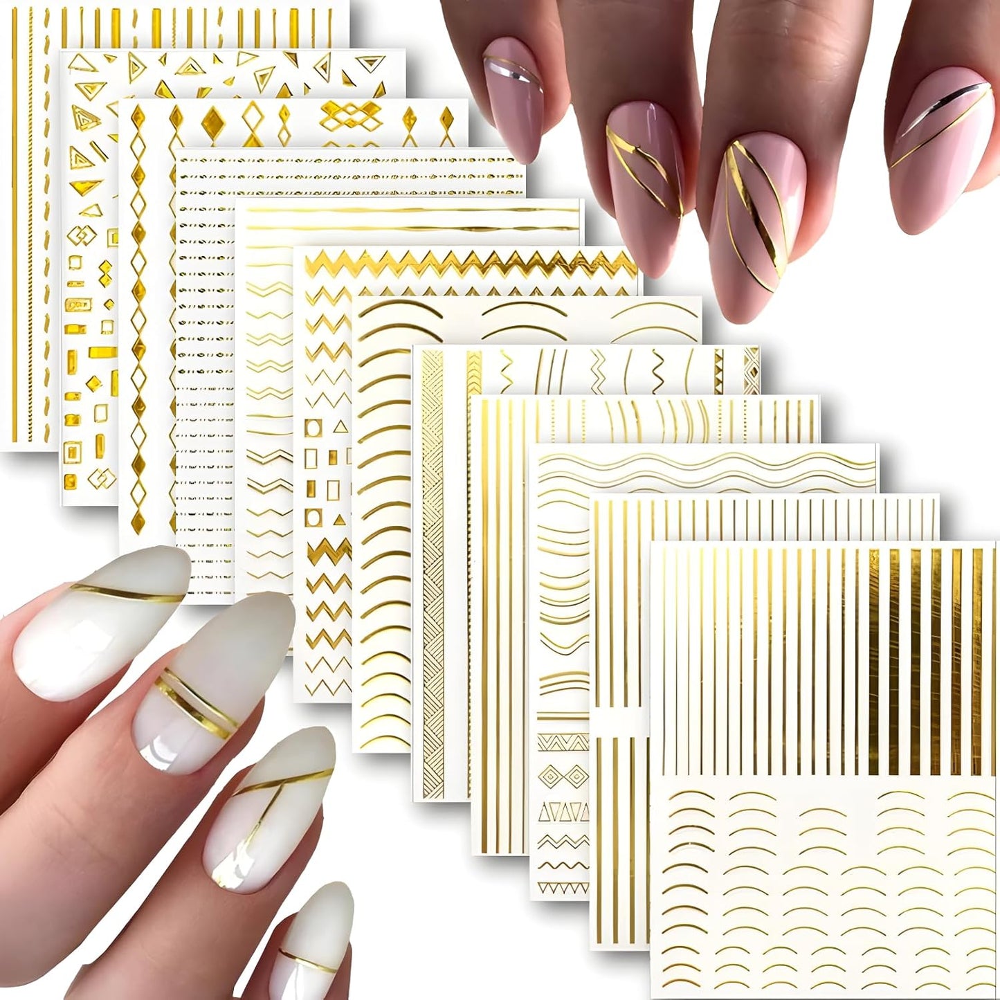 12 Sheets Gold Nail Stickers for Nail Art 3D Self Adhesive Line Nail Decals Gold Nail Art Stickers Gold Stripe Wave Nail Design French Nail Supplies for DIY Manicure Decoration for Women-FemmiqueWomen
