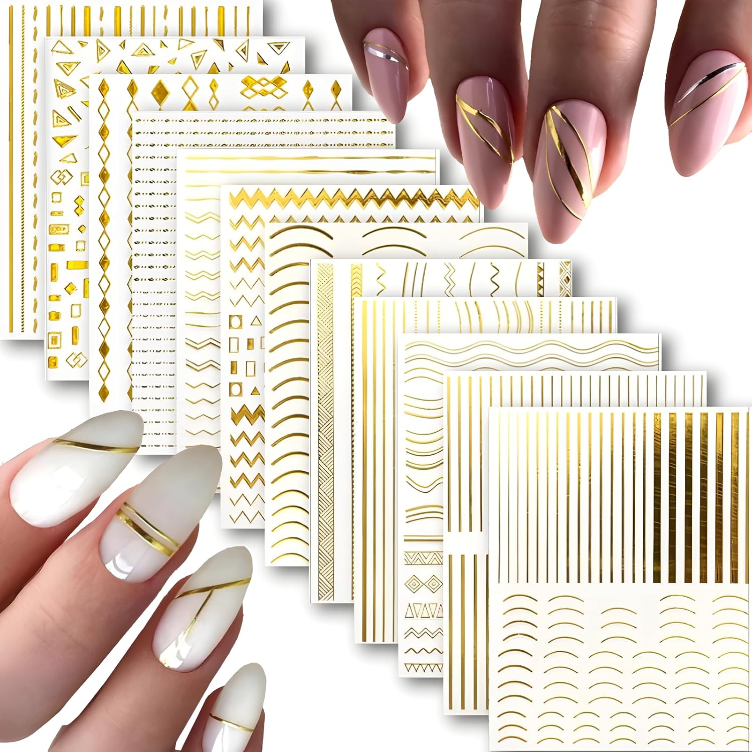 12 Sheets Gold Nail Stickers for Nail Art 3D Self Adhesive Line Nail Decals Gold Nail Art Stickers Gold Stripe Wave Nail Design French Nail Supplies for DIY Manicure Decoration for Women-FemmiqueWomen