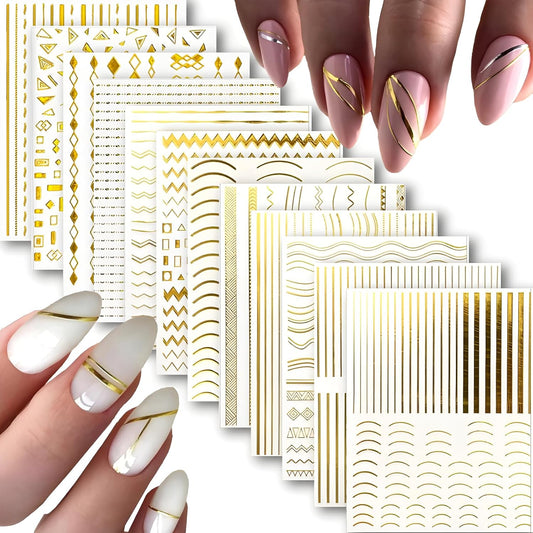 12 Sheets Gold Nail Stickers for Nail Art 3D Self Adhesive Line Nail Decals Gold Nail Art Stickers Gold Stripe Wave Nail Design French Nail Supplies for DIY Manicure Decoration for Women-FemmiqueWomen