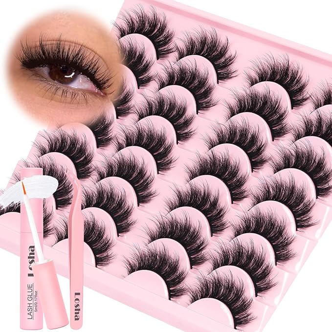 Losha Lashes Fluffy False Eyelashes 5D Volume Eye Lashes Kit with Lash Glue and Lash Tweezers 14 Pairs Vegan Fake Eyelashes Soft Faux Mink Lashes Pack (Thrives)-FemmiqueWomen