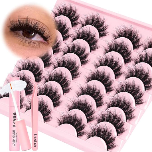 Losha Lashes Fluffy False Eyelashes 5D Volume Eye Lashes Kit with Lash Glue and Lash Tweezers 14 Pairs Vegan Fake Eyelashes Soft Faux Mink Lashes Pack (Thrives)-FemmiqueWomen