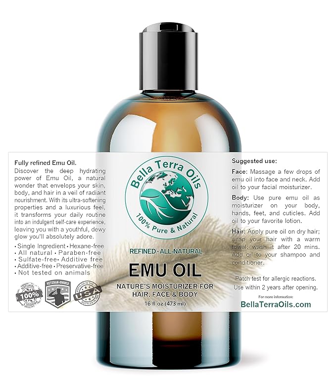 Emu Oil 16 oz 100% Pure Fully Refined Organic Undiluted - Bella Terra Oils-FemmiqueWomen
