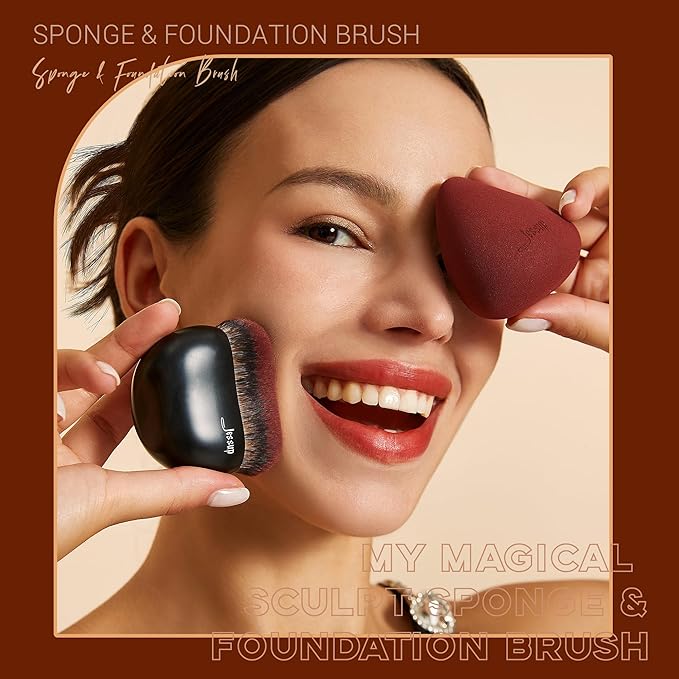 Jessup Foundation Brush with Makeup Sponge, Black Makeup Brush Flat Top Kabuki Brush for Liquid Blending Stippling, T881-FemmiqueWomen