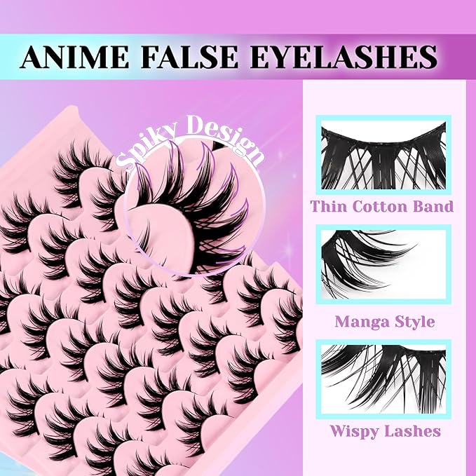 Losha Lashes Spiky Manga Lashes 14 Pairs Wispy False Eyelashes Natural Eye Lashes Kit with Lash Glue and Lash Tweezers Soft Anime Fake Eyelashes (Fairy)-FemmiqueWomen