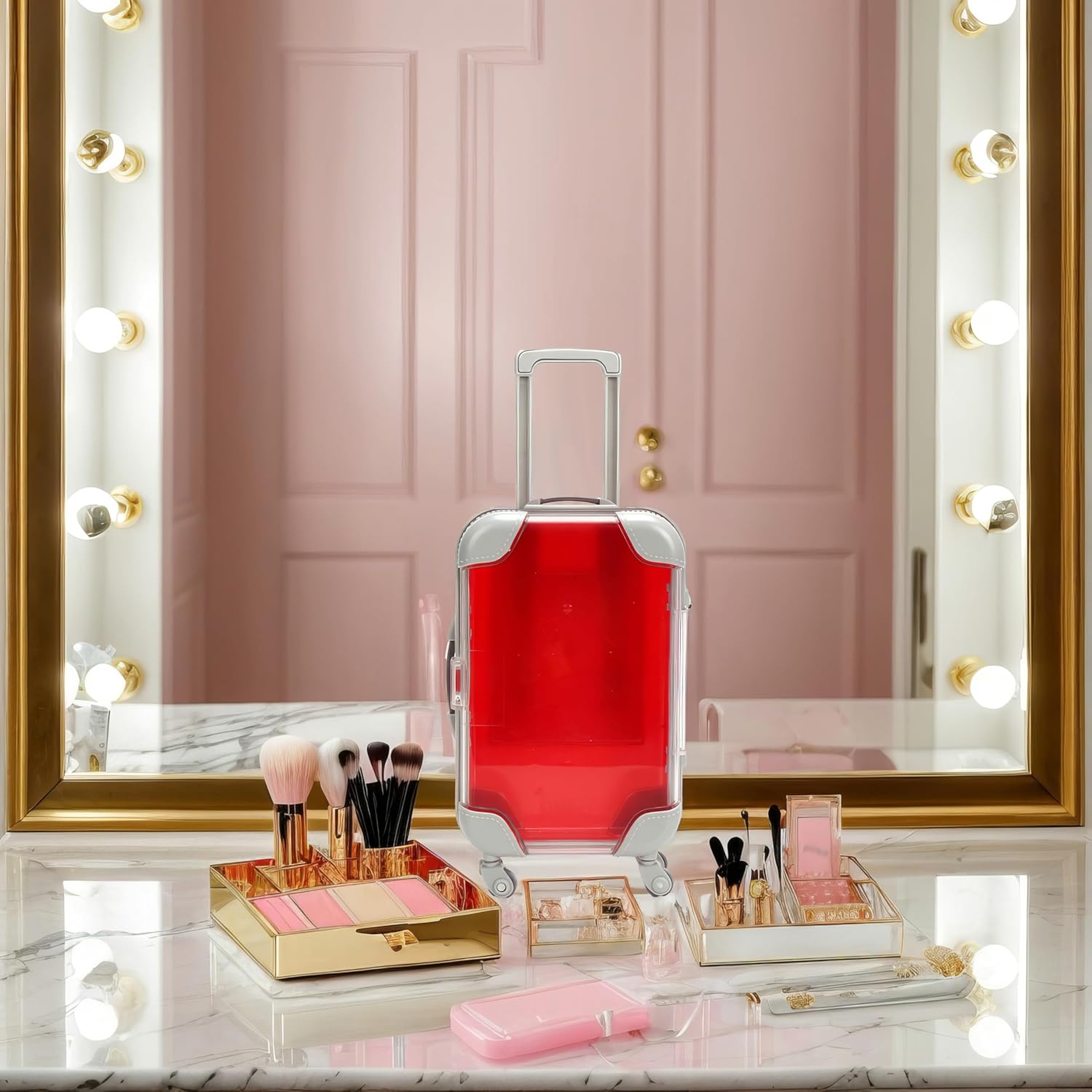 False Eyelash Storage Box, Portable Travel Organizer Mini Luggage False Eyelash Tray Makeup Tool (RED)-FemmiqueWomen