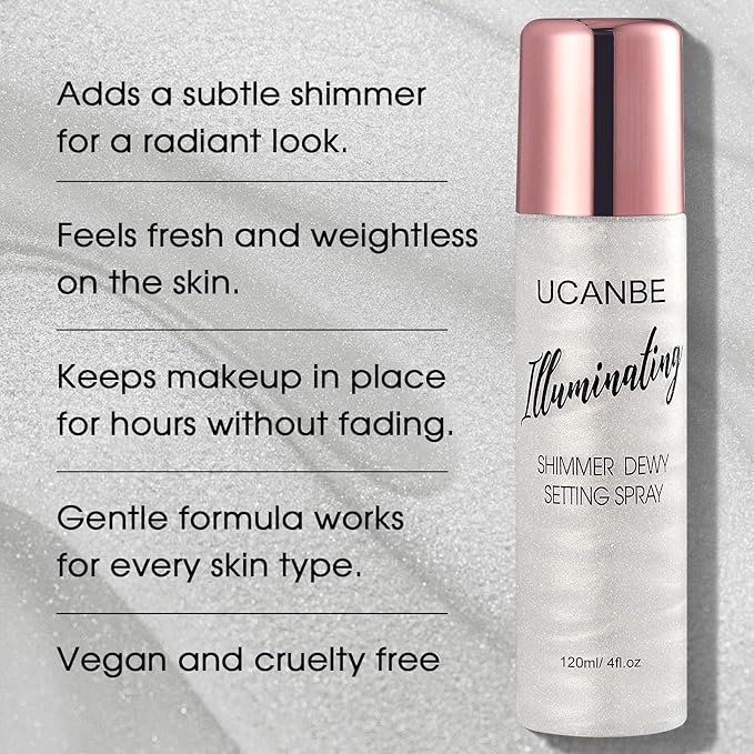 UCANBE Shimmer Dewy Setting Spray – Glowing + Makeup Setting Spray 2 in 1 Lightweight Formula for a Radiant Glow,Long-Lasting Face Mist for Face Body, 4 Fl Oz #Silver-FemmiqueWomen