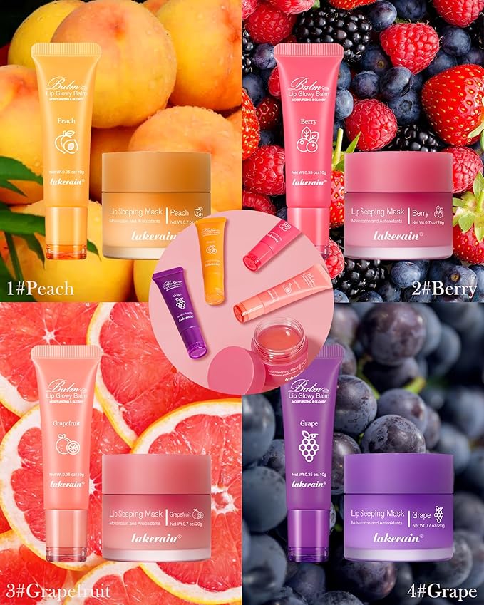 2Pcs Lip Glowy Balm & Lip Sleeping Mask Set,Hydrating Nourishing Repair Sleeping Lip Mask,Glossy Tinted Lip Balm,Day & Night Smooth Cracked Chapped Dry Lip,Lip Care Therapy Treatment for Women-04Grape-FemmiqueWomen