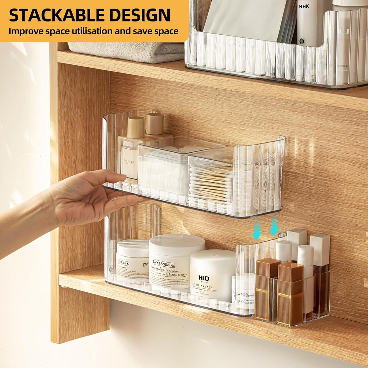 2-Tier Stackable Medicine Cabinet Organizer, Narrow Bathroom Makeup Organizer with Lipstick Holders & Cotton Swab Cases, Clear Countertop Shelf for Mirror Cabinet and Vanity-FemmiqueWomen
