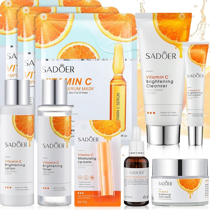 10 Pcs Skin Care Sets Face Care Set for Women Includes 1 Pcs Cleanser, Toner, Lotion, Eye Cream, Serum, Face Cream, Lip Balm and 3 Facial Masks Skincare Gift for Girls (Vitamin C)-FemmiqueWomen