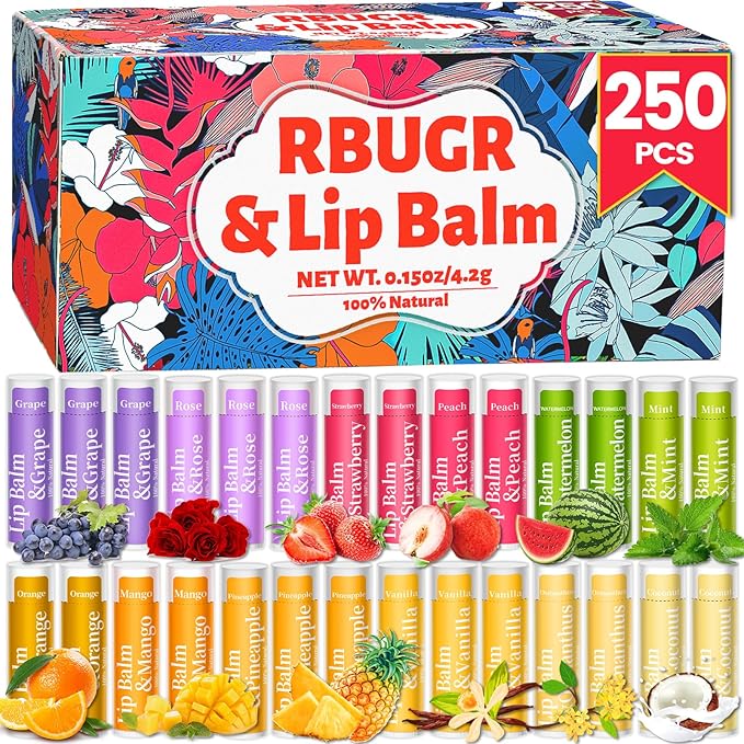250 Pcs Lip Balm Bulk,12 Fruit Flavored Natural Bulk Lip Balm, Lip Balms Pack with Vitamin E, Lip Balm Gift Set Women Stocking Stuffers Party Favors, Moisturizing&Soothing(4.2g/0.15oz)-FemmiqueWomen