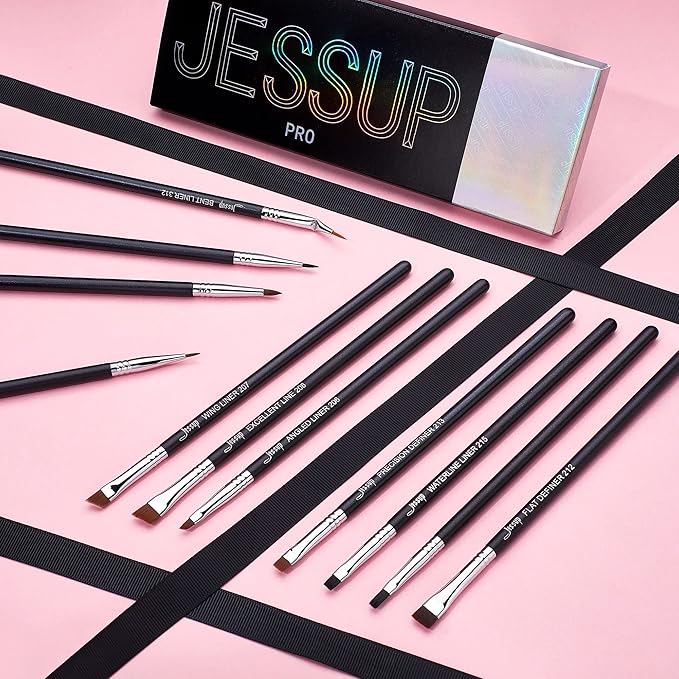 Jessup Eyeliner Brush Set, Professional Eye Liner Makeup Brushes 11pcs, Angled Flat Definer Ultra Fine Bent Pencil Point Eyeliner Brushes for Precision Liner, T324-FemmiqueWomen