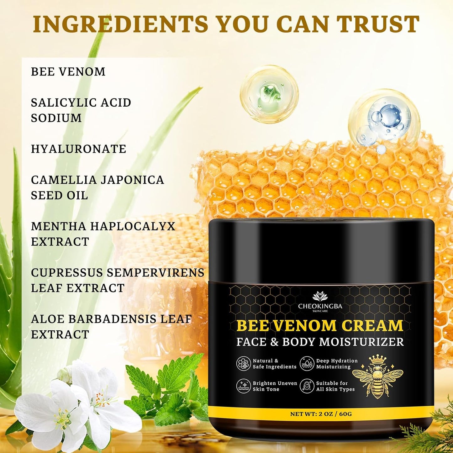 2PCS Bee Venom Comprehensive Cream: Wrinkle Care Face Lift & Firming, Effective In Reducing Skin Blemishes, Natural Care and Non-Irritating, Bee Venom Joint Cream for All Body Parts, 60g * 2PCS-FemmiqueWomen