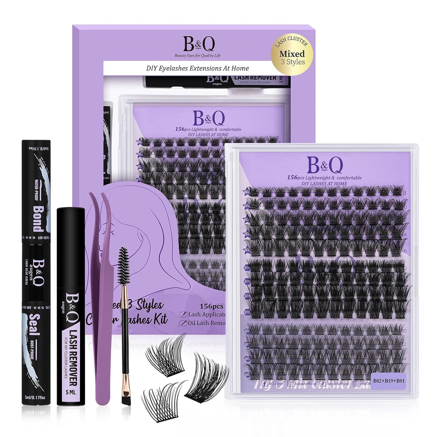 B&Qaugen Lash Clusters 156PCS Lash Clusters Kit B01+B02+B19 DIY Lash Extension Kit Eyelash Extension Kit 8-18mm Wispy Lashes Clusters with Lash Bond & Seal Lash Applicator Tool for DIY (Andromeda)-FemmiqueWomen