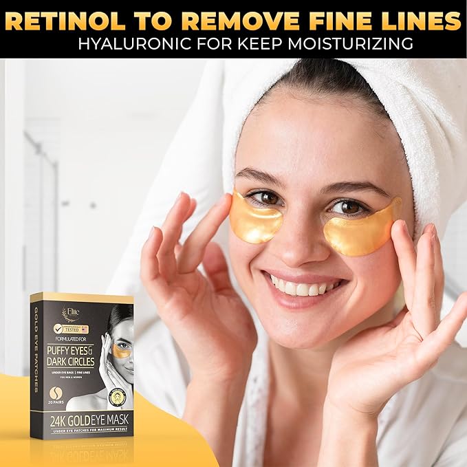 24k Gold Eye Mask - Under Eye Patches for Dark Circles, Puffiness, and Wrinkles - 20 Gold Eye Patches for Puffy Eyes with Collagen and Amino Acids for Intense Hydration and Firming-FemmiqueWomen