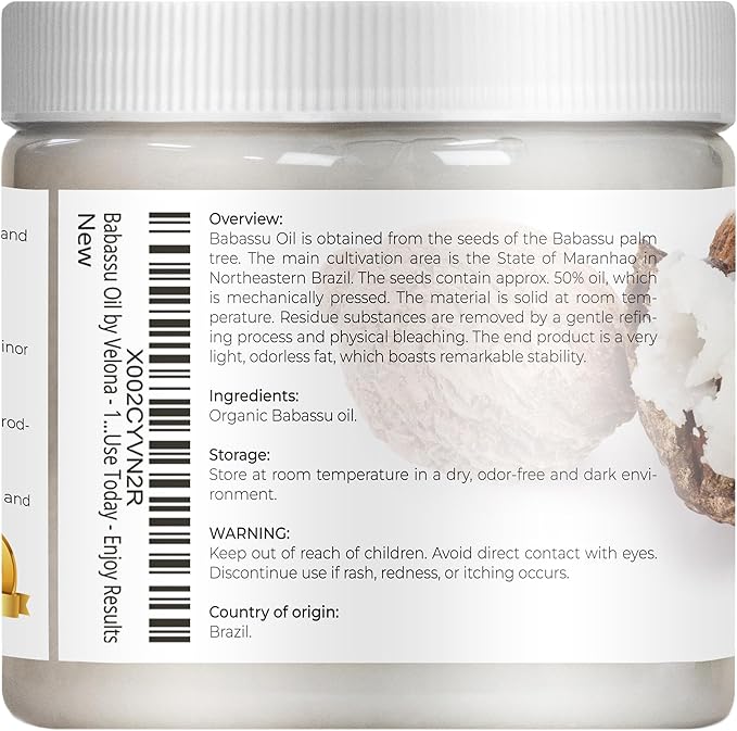 velona Babassu Oil USDA Certified Organic - 16 Fl Oz | 100% Pure and Natural Carrier Oil | Refined, Cold Pressed | Face, Hair, Body & Skin Care and Cooking | Use Today - Enjoy Results-FemmiqueWomen
