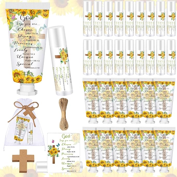 144 Pcs Christian Lip Balm Hand Cream Set Party Favors, Include 36 Bible Lip Balm 36 Moisturizing Hand Cream 36 Bags 36 Cards and Ropes for Accessories Gifts (Biblical, Sunflower)-FemmiqueWomen