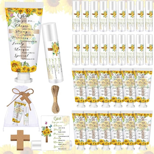 144 Pcs Christian Lip Balm Hand Cream Set Party Favors, Include 36 Bible Lip Balm 36 Moisturizing Hand Cream 36 Bags 36 Cards and Ropes for Accessories Gifts (Biblical, Sunflower)-FemmiqueWomen