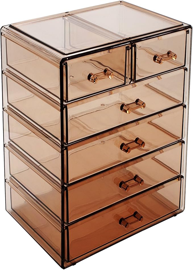 Sorbus Acrylic Clear Makeup Organizer - Big & Spacious Cosmetic Display Case - Stylish Designed Jewelry & Make Up Organizers and Storage for Vanity, Bathroom (4 Large, 2 Small Drawers) [Bronze Glow]-FemmiqueWomen