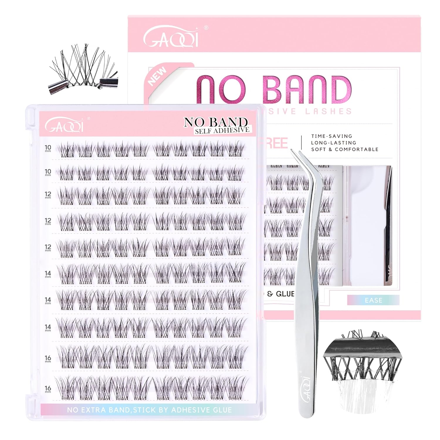 GAQQI Self Adhesive Eyelash Clusters, Natural Look No Glue Lashes 10-16mm, No Band Self Adhesive Lash Clusters 100pcs, Press On Lashes Invisible Band, With Lash Tweezer (LACE)-FemmiqueWomen
