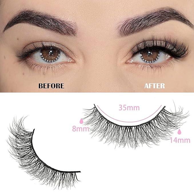 FARRED Natural Lashes Short Eyelashes Wispy False Mink Lash Pack 14 Pair Natural Look Fluffy Cat Eye Strip Eyelash Small Fake Lashes Full Pestañas Sets for MUA and Beginners Daily Makeup (F1 | 8-14mm)-FemmiqueWomen