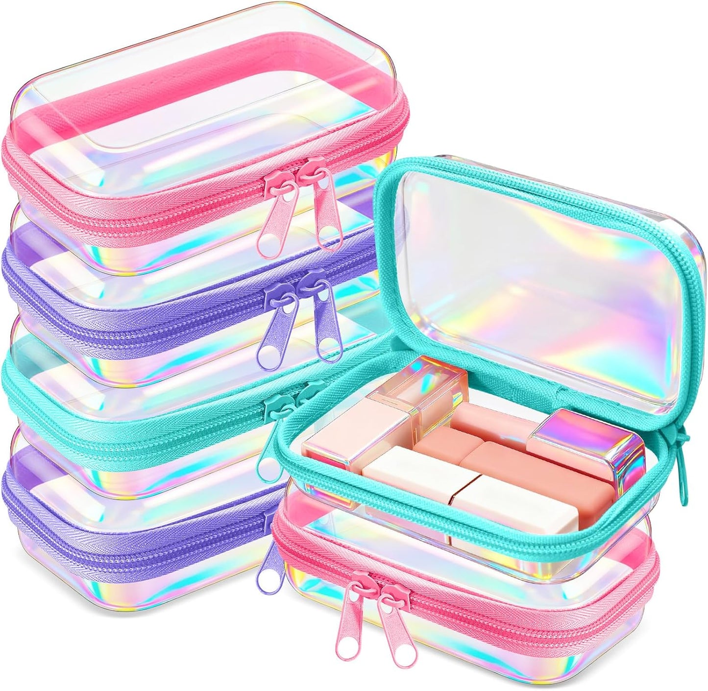 Sanwuta 6 Pcs Clear Hard Zipper Case Pencil Pouches Hard Plastic Zipper Pouches Makeup Bag Transparent Cases for Snacks Plastic Storage Organizer Box for Travel(Holographic,5 x 3 x 2 Inch)-FemmiqueWomen