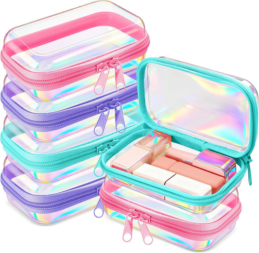 Sanwuta 6 Pcs Clear Hard Zipper Case Pencil Pouches Hard Plastic Zipper Pouches Makeup Bag Transparent Cases for Snacks Plastic Storage Organizer Box for Travel(Holographic,5 x 3 x 2 Inch)-FemmiqueWomen