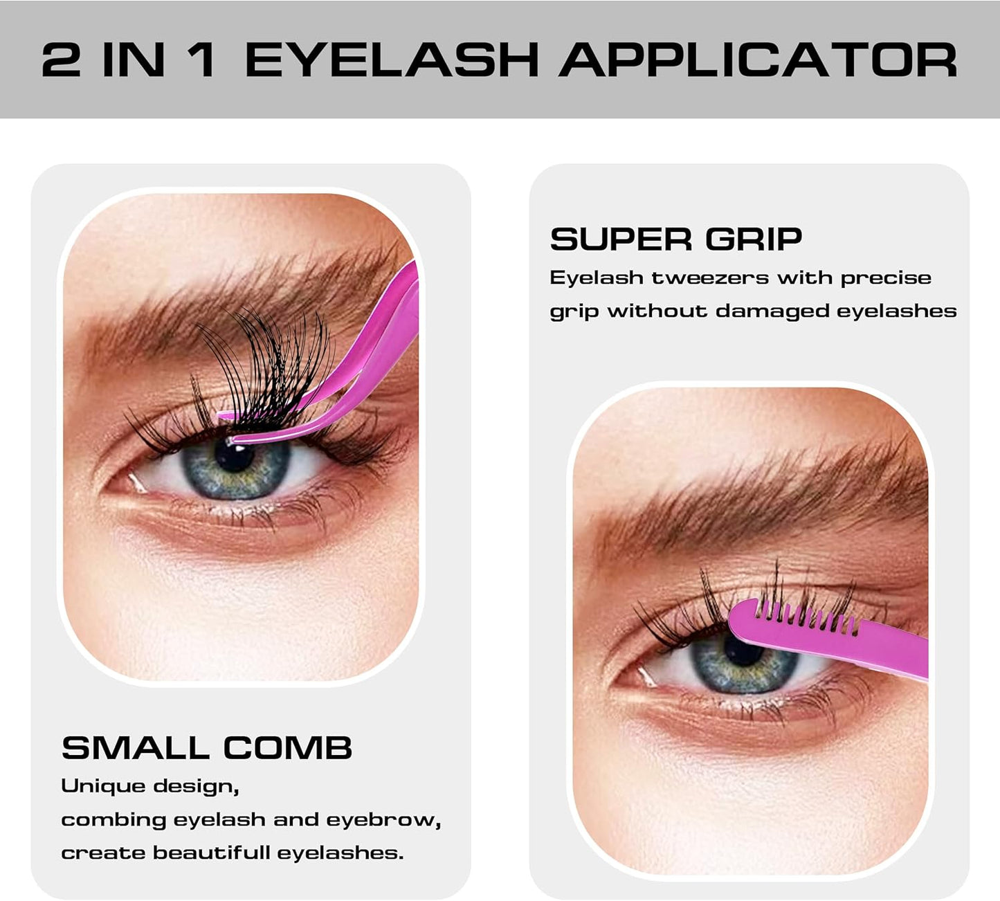 2 in 1 Lash Tweezer with Comb, Stainless Steel Elbow Tweezers, Eyelash Extension, Precise Eyebrow Tweezers Tool, Lashes Tweezer Applicator for DIY Applying False Eyelashes Clusters, Rose-FemmiqueWomen