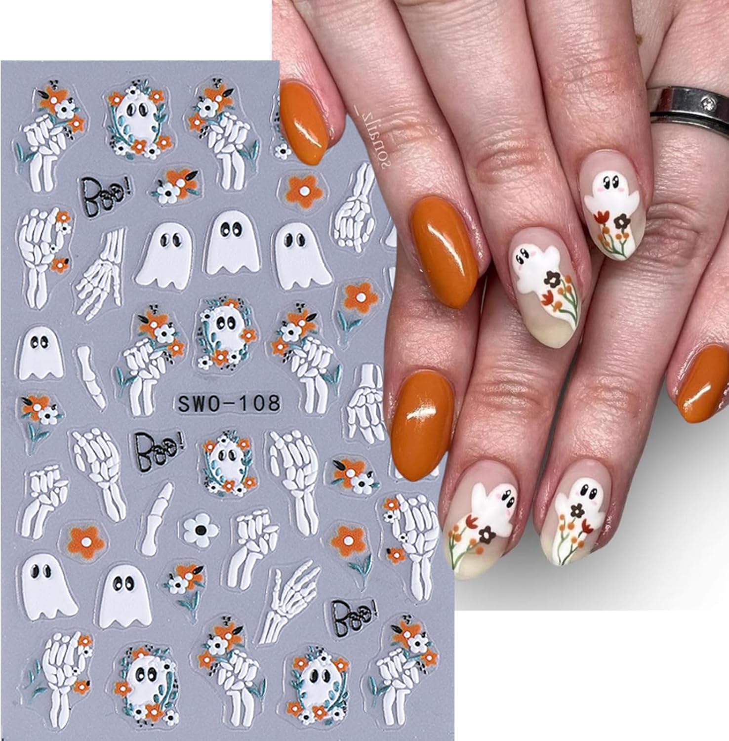 2 Sheets Halloween Nail Art Stickers Decals 5D Embossed Skeleton Rose Nail Decals Black Birds White Ghost Flower Skull Rose Design Halloween Nail Stickers Manicure Accessories for Women Nail Art Decor-FemmiqueWomen