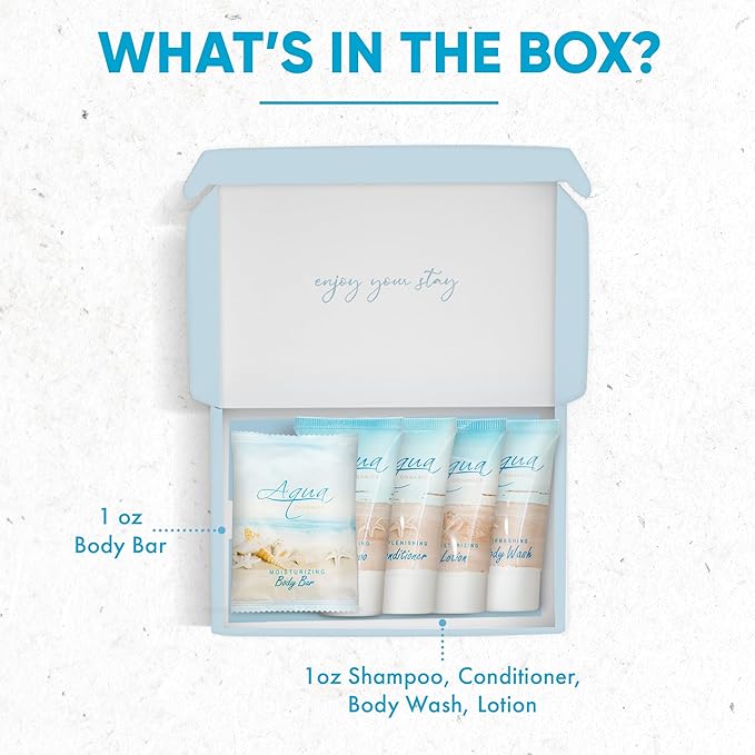 1-Shoppe All-In-Kit|Aqua Organics Amenity Kit|Boxed Hotel Toiletries|Bulk Set 1oz Travel Size Shampoo,Conditioner,Lotion,Body Wash & Bar Soap for Guest Hospitality AirBnB/Vacation Rentals|5 Pieces-FemmiqueWomen