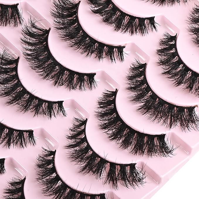 FARRED Wispy Mink Lashes Fluffy False Eyelashes 14 Pairs Fake Eyelashes Natural Look Short Natural Lashes Cat Eye Lash Wispy Volume Eyelash Faux Mink Strip Lashes Pack for Daily Makeup (F19 | 6-13 mm)-FemmiqueWomen
