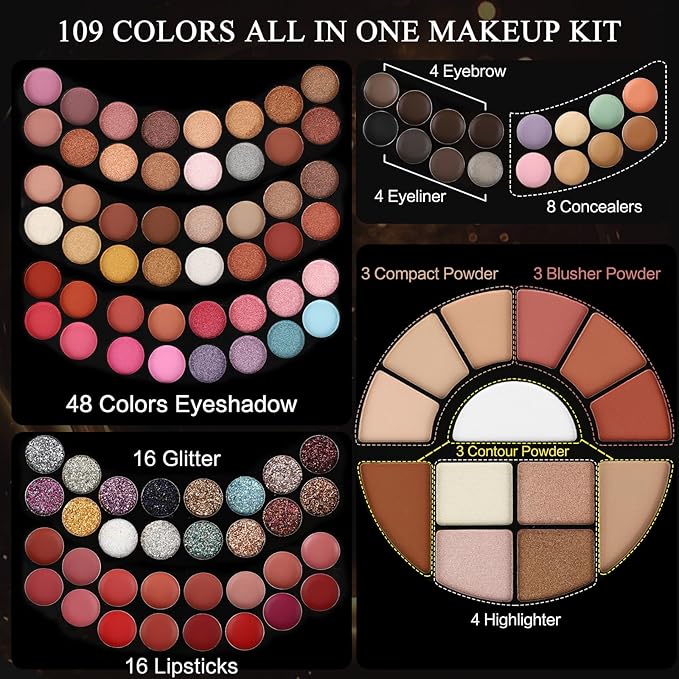109 Colors Makeup Kit for Women Girl Full Kit Gift Set with Mirror All in One Make up Palette Included Eyeshadow Glitter Lipstick Concealer Eyeliner Eyebrow Highlighter Contour Blusher Compact PowderN-FemmiqueWomen