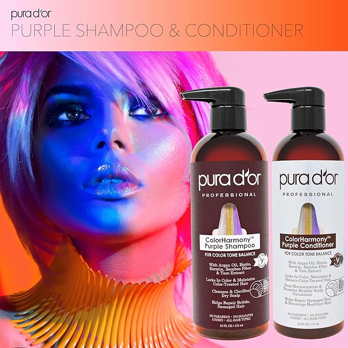 PURA D'OR 16 Oz ColorHarmony Purple Shampoo For Bleached, Blonde, Silver & Color Treated Hair - Keratin, Bamboo Fiber, No Sulfates, Select Natural Ingredients - Men & Women-FemmiqueWomen