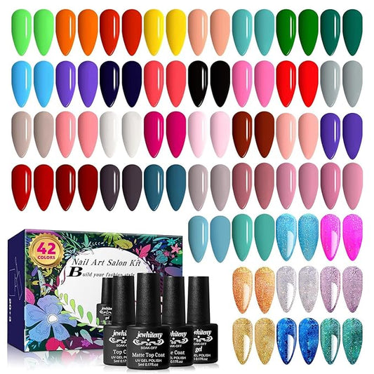 JEWHITENY 45PCS Gel Nail Polish Kit, 42 Colors 5ML Gel Polish Nude Gray Pink Blue Soak Off Glitter Nail Art Starter Kit Beauty Gifts Set for Women Girls Valentines Mother's Day Gift-FemmiqueWomen