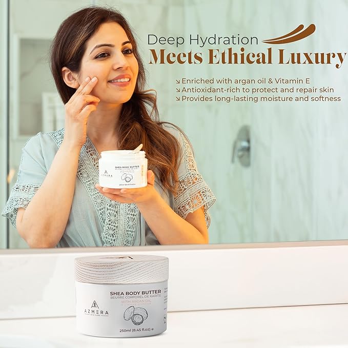 AZMERA Handcrafted Whipped Shea Body Butter – Unscented Moisturizer for Dry, Sensitive Skin with Argan Oil & Vitamin E – Vegan, Non-Greasy Whipped Body Butter for Women & Men – 8.82 oz-FemmiqueWomen