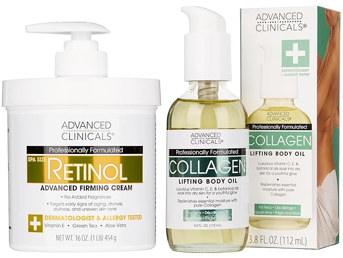 Advanced Clinicals Retinol Body Lotion + Collagen Body Oil 2pc Skincare Set For Women & Men | Fragrance Free Retinol Lotion + Collagen Massage Body Oil To Improve Appearance Of Crepey Skin, 2pc Set-FemmiqueWomen