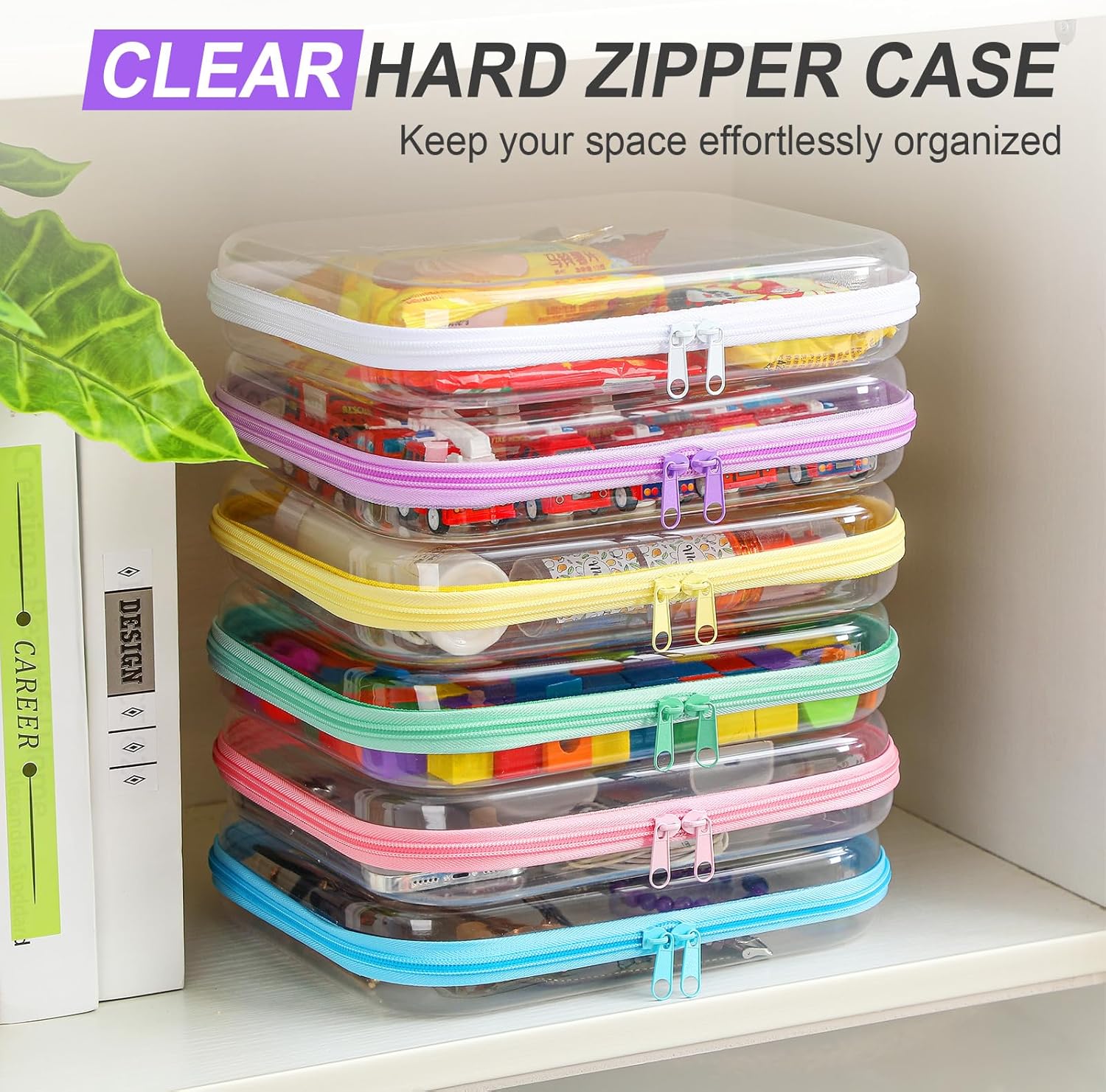 Sanwuta 6 Pcs Clear Hard Zipper Case Pencil Pouches Hard Plastic Zipper Pouches Makeup Bag Transparent Cases for Snacks Plastic Storage Organizer Box for Travel(Colorful,9.84 x 7.87 x 2 Inch)-FemmiqueWomen