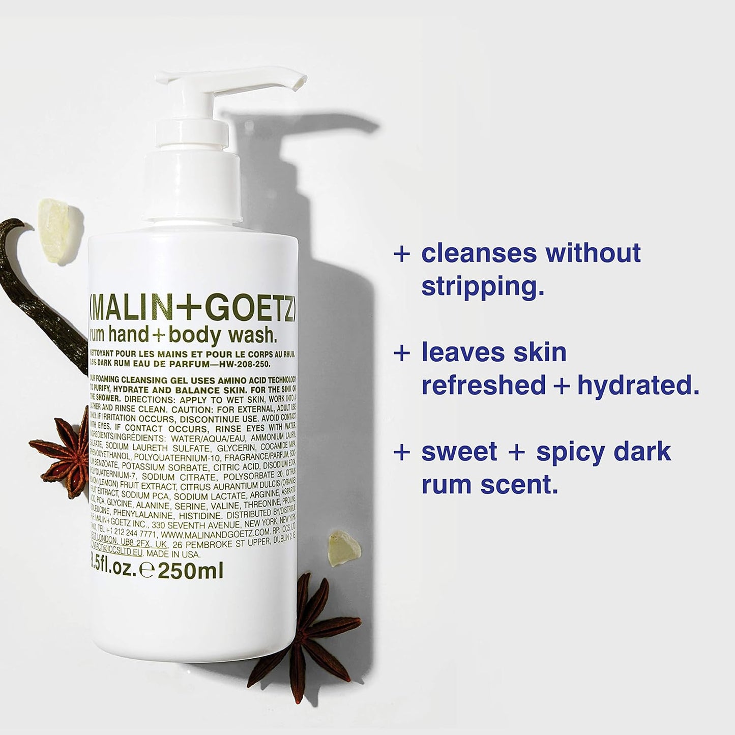 Malin + Goetz Rum Hand & Body Wash, 16 Fl. Oz. – Men & Women Natural Body Wash For All Skin Types, Foaming Hydrating Cleansing Gel, Cruelty-Free & Vegan-FemmiqueWomen