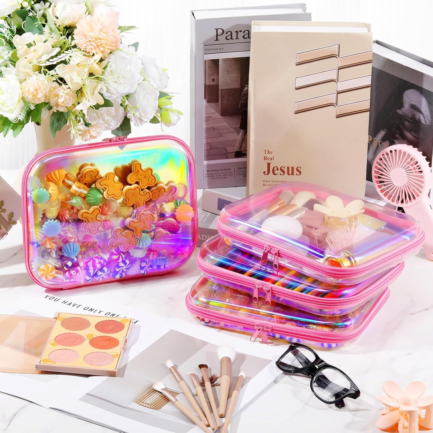 Hoolerry 4 Pcs Hard Clear Zipper Case Makeup Bags Plastic Pencil Pouch Transparent Storage Box Containers for Cosmetics, Snacks, Building Blocks, Puzzles(Pink Laser,9.8 x 7.9 x 2 in)-FemmiqueWomen